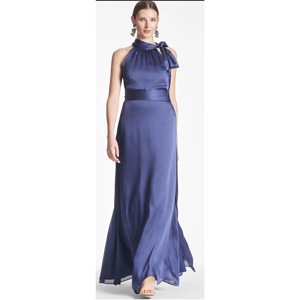 Sachin & Babi KAYLA GOWN Tie Neck Maxi Crinkle Dress in DEEP COBALT NWOT Size 0